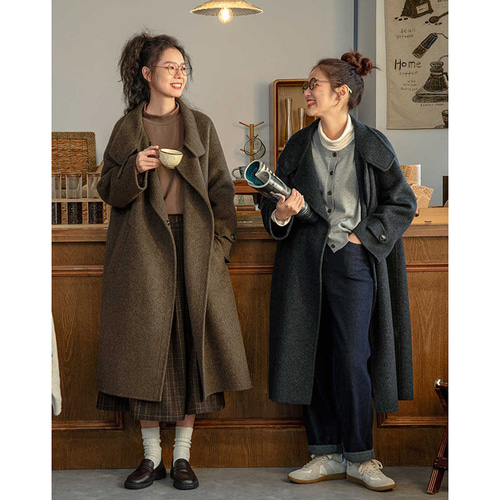 ウールロングコート ツイード生地ウールロングコート 2WAY襟 ブラウン