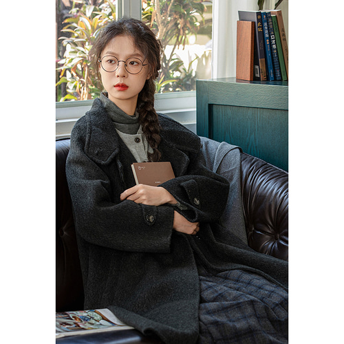 ウールロングコート ツイード生地ウールロングコート 2WAY襟 ブラウン