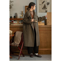 ウールロングコート ツイード生地ウールロングコート 2WAY襟 ブラウン