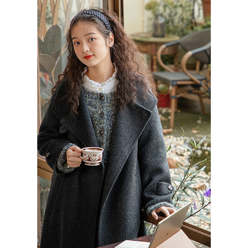 ウールロングコート ツイード生地ウールロングコート 2WAY襟 ブラウン