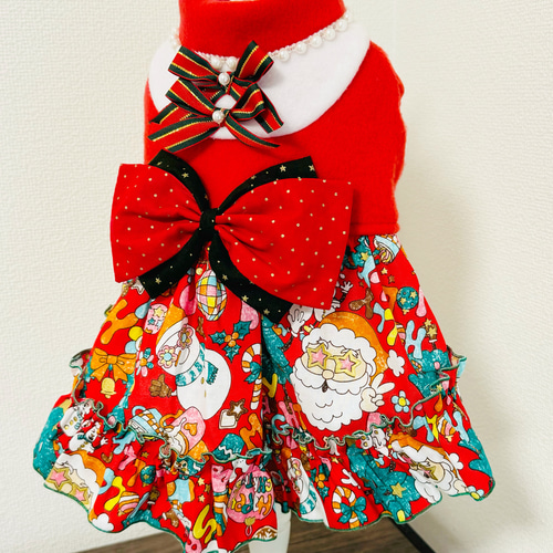 わんこ　 クリスマスワンピース 犬服／猫服 クリスマス ワンピース かわいいクリスマス柄赤