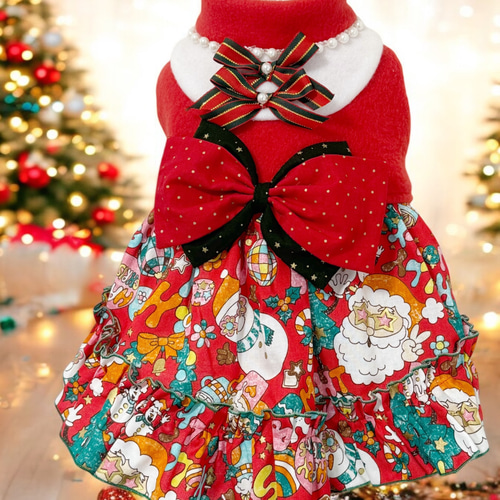 クリスマスワンピース 犬服／猫服 クリスマス ワンピース かわいいクリスマス柄赤