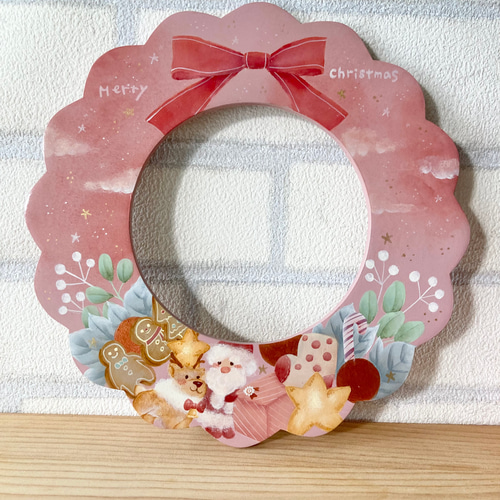 トールペイントのピンクのクリスマスリース リース アトリエ