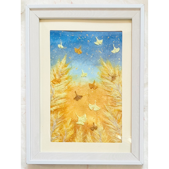 和紙ちぎり絵原画『からすうりと杉の葉』P10号横(530×410mm)