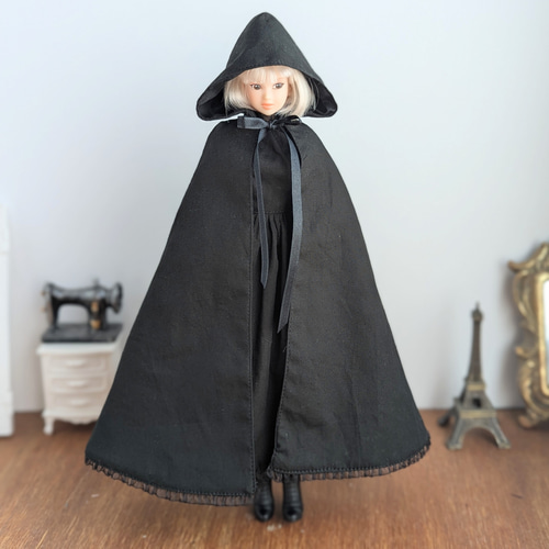 1264※黒のフード付きロングケープ※1/6ドール服※momokoDOLL※j-doll※リカ