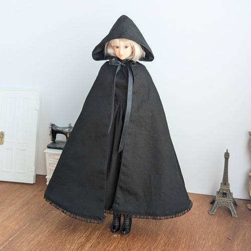 1264※黒のフード付きロングケープ※1/6ドール服※momokoDOLL※j-doll※リカ