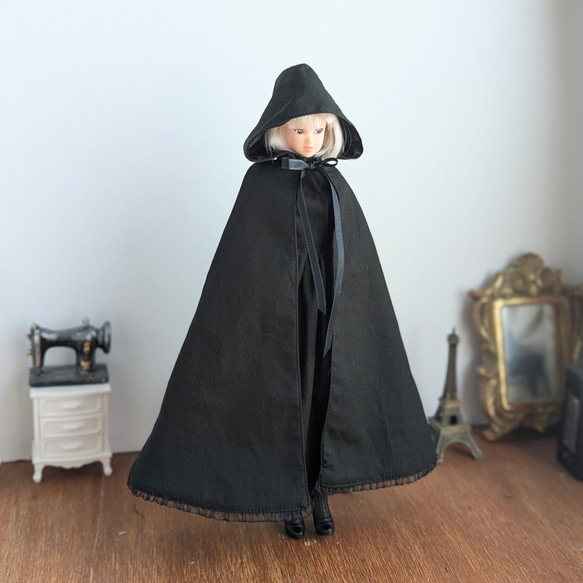 1264※黒のフード付きロングケープ※1/6ドール服※momokoDOLL※j-doll※リカ