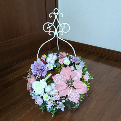 ♥ピンクのポインセチアの素敵なクリスマスリース 玄関リース