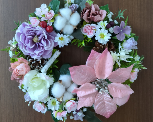 専用 2点おまとめ 光 ピンクポインセチア クリスマスリース ハンドメイド ♥ピンクのポインセチアの素敵なクリスマスリース 玄関リース