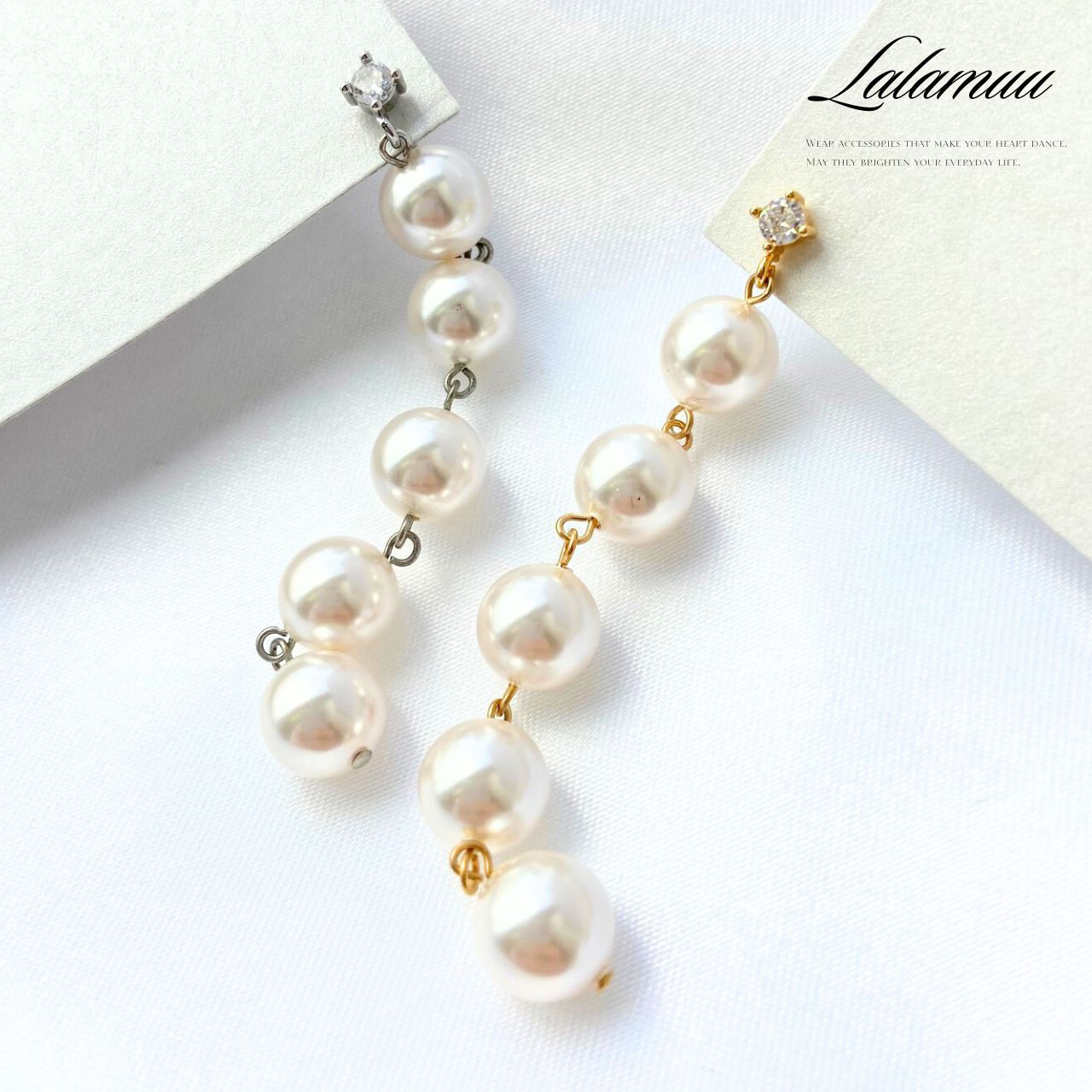 送料無料　【選べるカラー♪】 5連 パール ジルコニアピアス　普段使い　お仕事　フォーマル　結婚式　ジルコニア