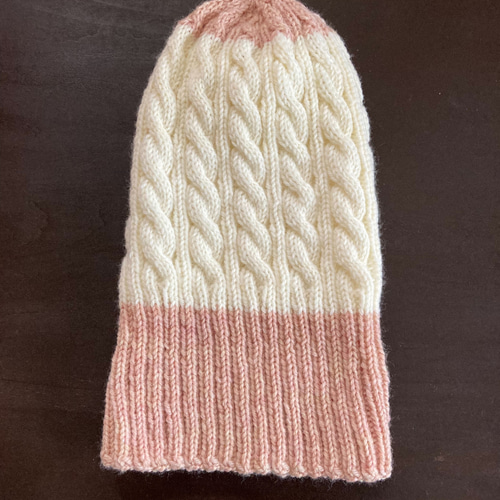 手編み ニット帽 【ベビーピンク✕ホワイト】 バイカラー 大人