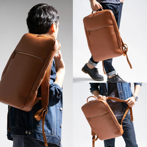 薄マチ ダブルジッパー シュリンクレザー スマート ビジネスリュック