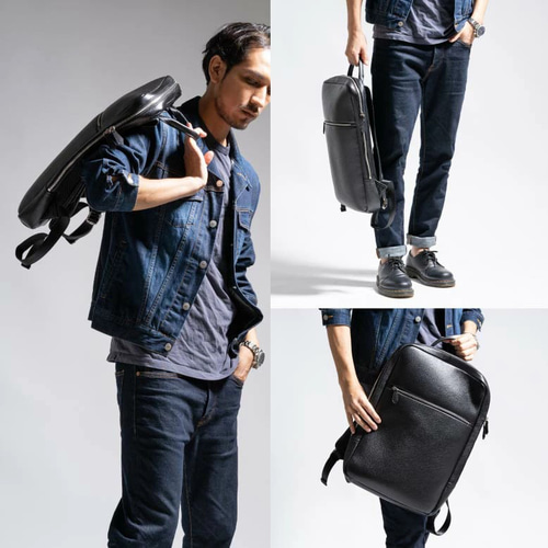 薄マチ ダブルジッパー シュリンクレザー スマート ビジネスリュック