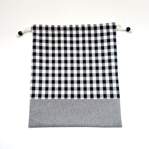 サイズが選べる巾着袋（大) ギンガムチェック ブラック[受注製作] 体操  