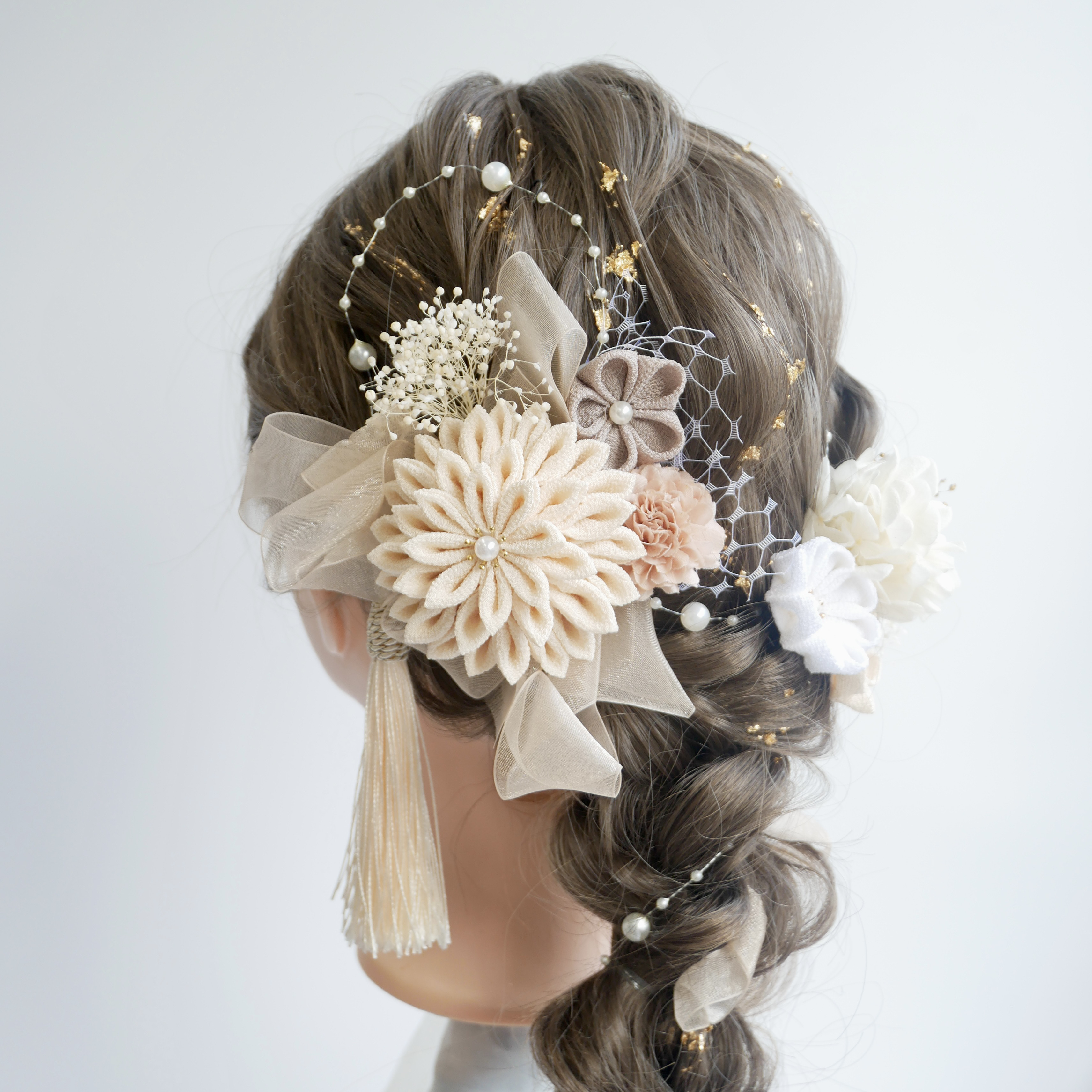 A463 つまみ細工　ドライフラワー　髪飾り　ピンクベージュ成人式　前撮り　卒業式　結婚式