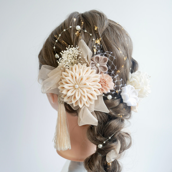 A463 つまみ細工 ドライフラワー 髪飾り ピンクベージュ成人式 前撮り