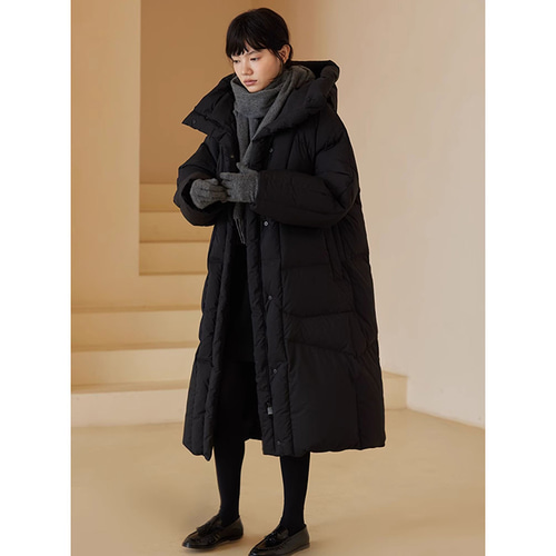 ロングダウンコート フード付きロングコート ブラック S-L #599 ロングダウンコート フード付きロングコート ブラック S-L #599