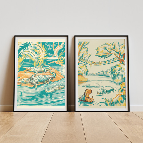 ワニイラストアートポスター☆鰐アフリカサファリ動物園レトロポップ