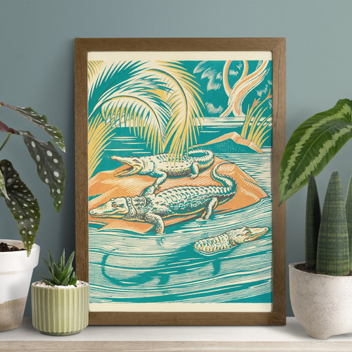 ワニイラストアートポスター☆鰐アフリカサファリ動物園レトロポップ