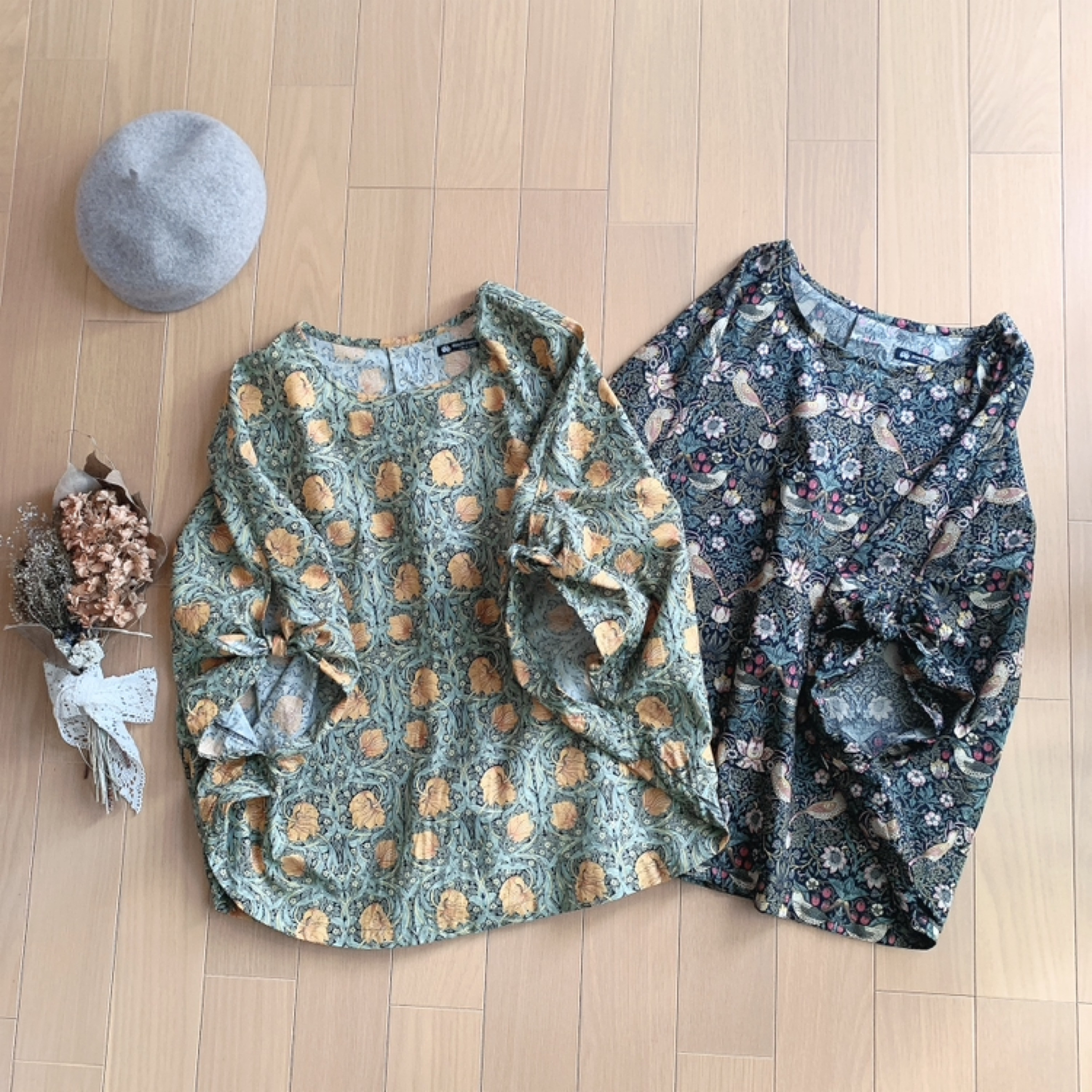 ⋆*ウィリアムモリス＋袖口リボンのプルオーバー＋ブラウス＋受注製作＋いちご泥棒＋ピンパーネル⋆*