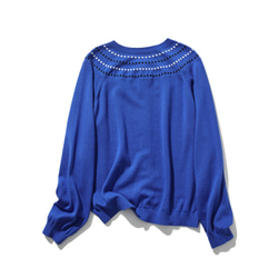 程よく存在感を引き立てるカーディガン 配色ジャガード　長袖　瑠璃色　241001-2 7枚目の画像