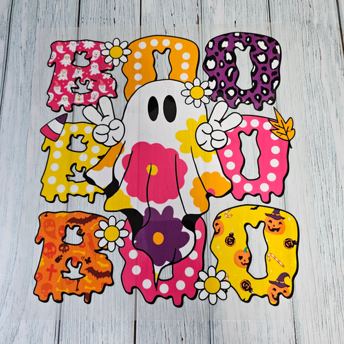 ハロウィーン-かわいい花柄のゴースト_ブー① DTFアイロン