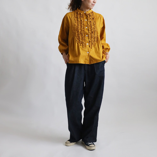 最終ＳＡＬＥ　ギマ擬麻コットン　大人甘めの小花フリルシャツ　羽織　ゆったり　ブラウス　マスタード　U42 ラスト4 夏SALE ギマ擬麻コットン 小花 フリル シャツ