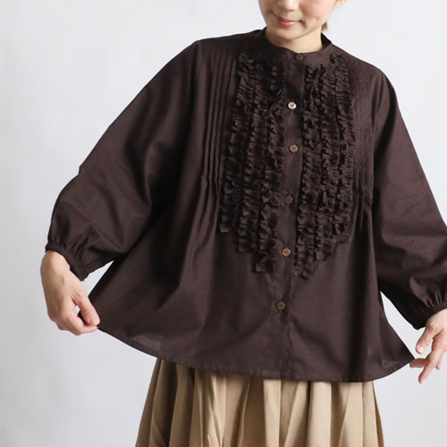 夏ＳＡＬＥ　ギマ擬麻コットン　大人甘めの小花フリルシャツ　ジャケット　前開き　羽織　ゆったり　ブラウス　ブラウン　U59 夏SALE ギマ擬麻コットン 小花 フリル シャツ ブラウス 羽織