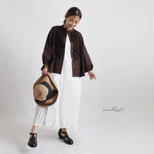 夏ＳＡＬＥ　ギマ擬麻コットン　大人甘めの小花フリルシャツ　ジャケット　前開き　羽織　ゆったり　ブラウス　ブラウン　U59 夏SALE ギマ擬麻コットン 小花 フリル シャツ ブラウス 羽織