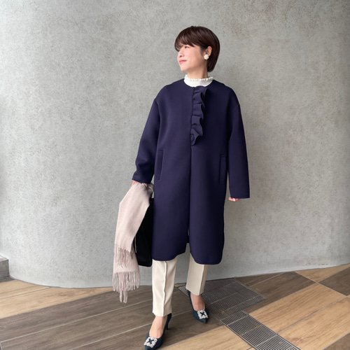 超ゆったり＆もっちりあったか♡大人可愛いフリルノーカラーコート 紺
