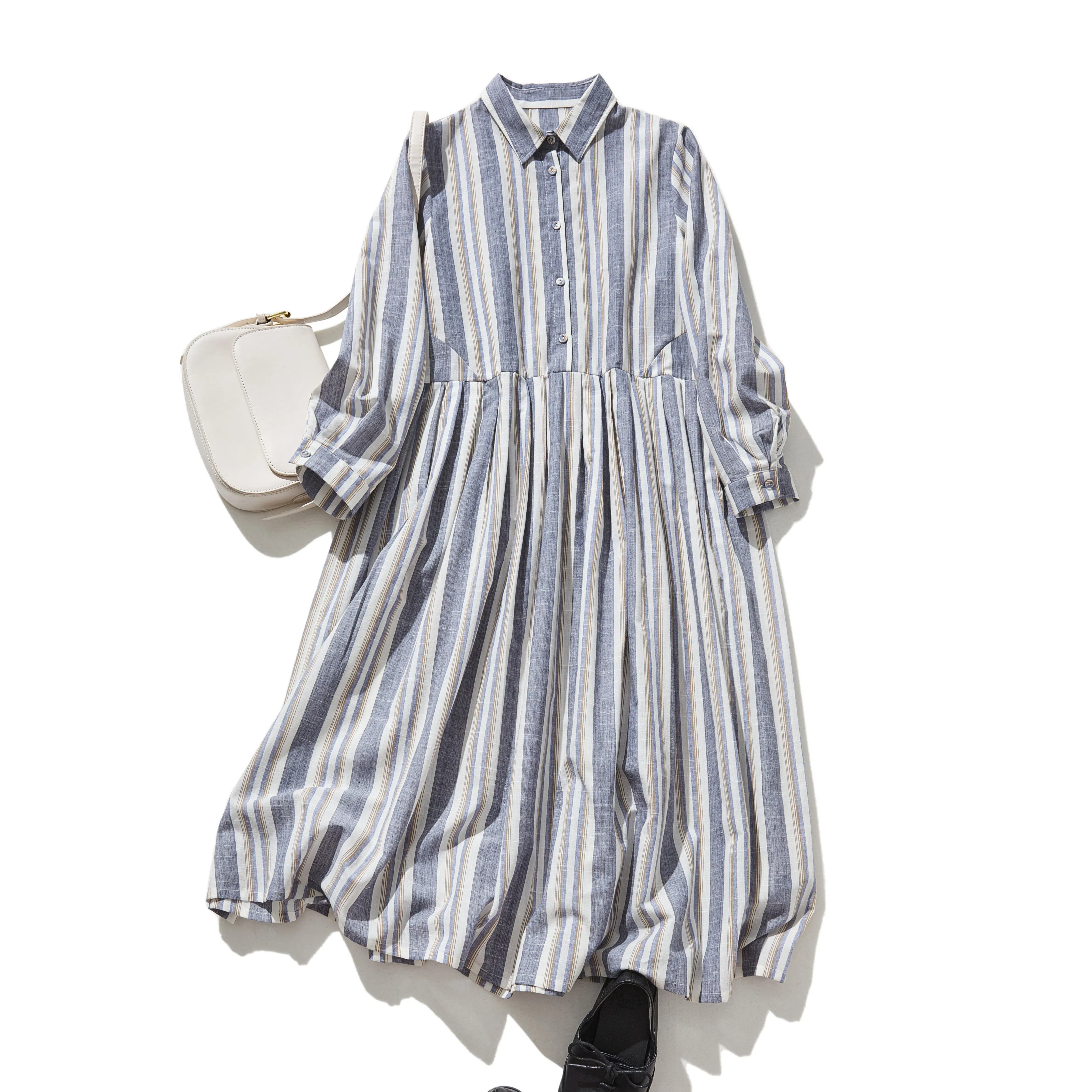 ★即納★ナチュラル風合いのストライプワンピース　コットン100％　ホワイト＋グレー　241008-1