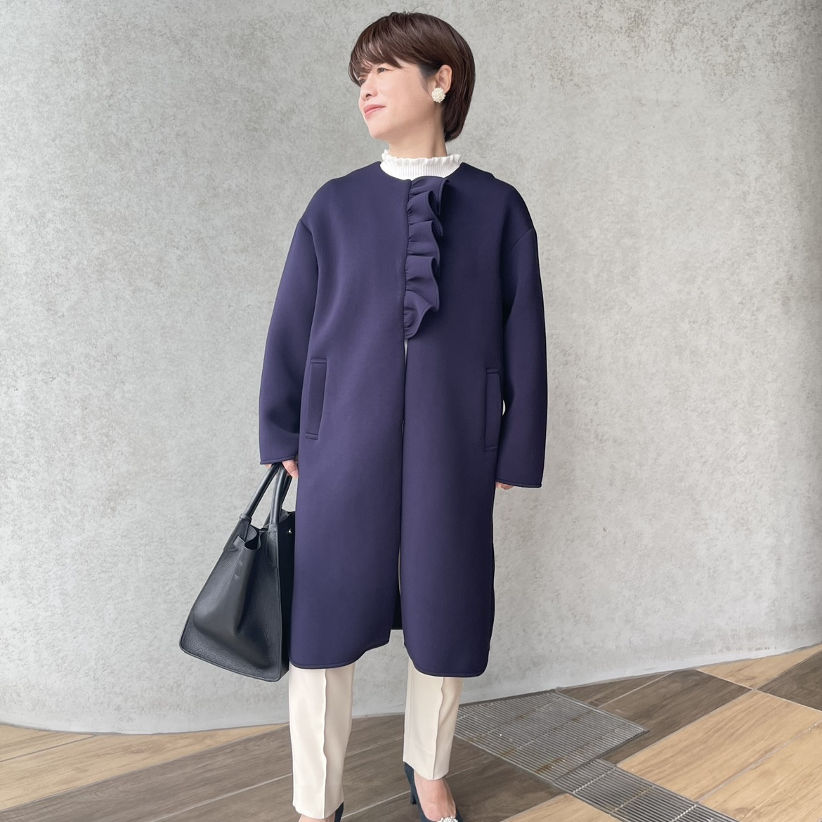小柄S■超ゆったり＆もっちりあったか♡大人可愛いフリルノーカラーコート 紺■フォーマル卒業式KMC-747 012368
