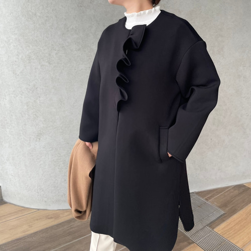 たぬきkeep my closetフリル付ブラックロングコート　キプマイ 小柄S□超ゆったり＆もっちりあったか♡大人可愛いフリルノー