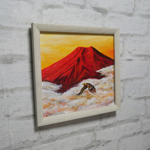油絵 油彩 油彩画 絵画【赤富士と鷹】 絵画 HR 通販 18393434