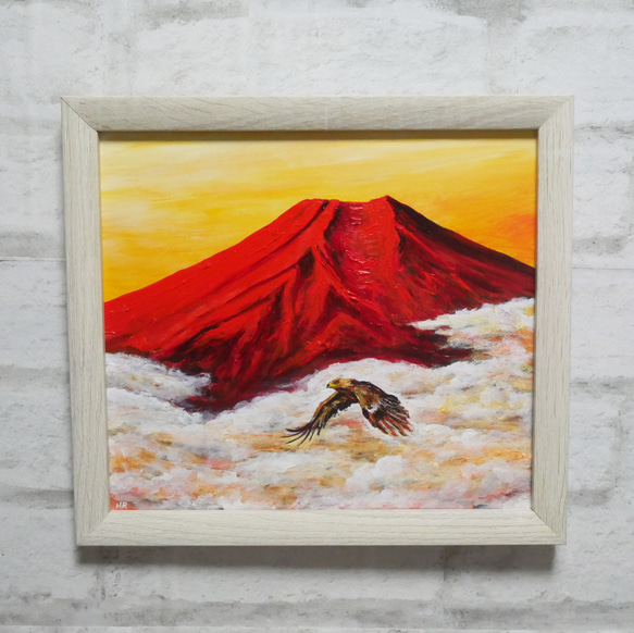 油絵 油彩 油彩画 絵画【赤富士と鷹】 絵画 HR 通販 18393434