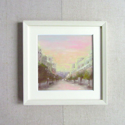 パステル画（原画）夕暮れの街。 淡い夕空の街（パステル画 原画 額縁付き） 絵画 takiyo 通販