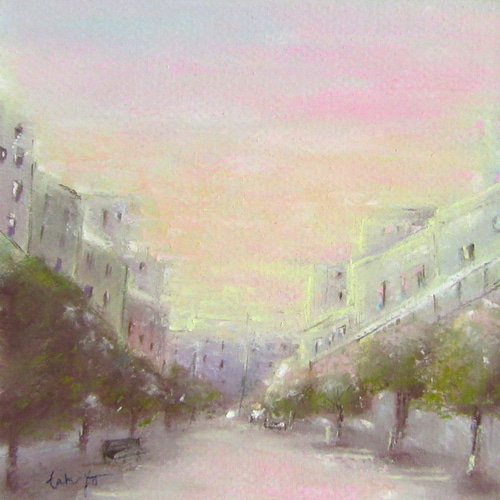 パステル画（原画）空。 淡い夕空の街（パステル画 原画 額縁付き） 絵画 takiyo 通販