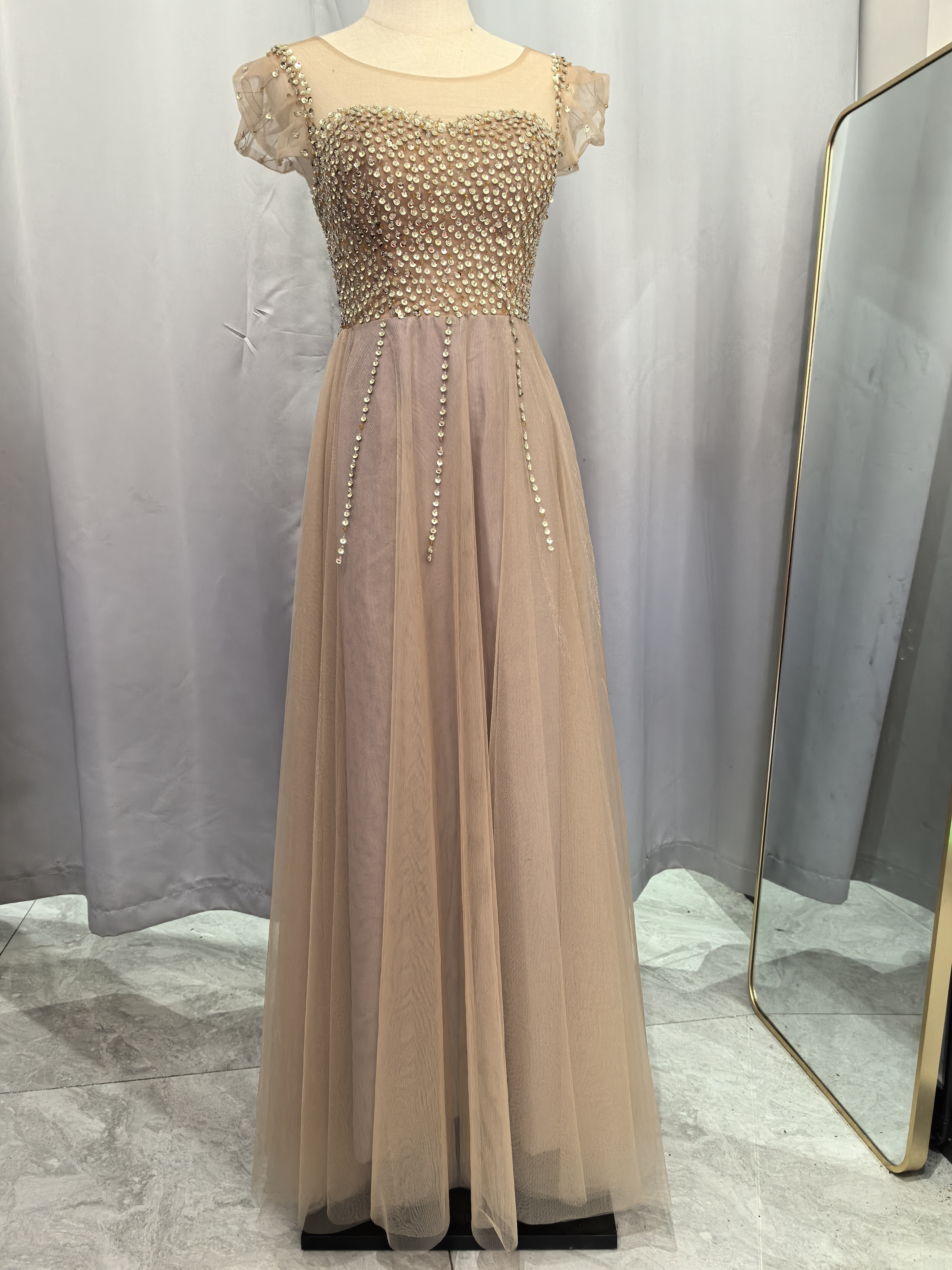 美品 シャンパン色 キラキラスパンコール  カラードレス 華麗 エレガント 花嫁 合コンオーダーメイド可能D28