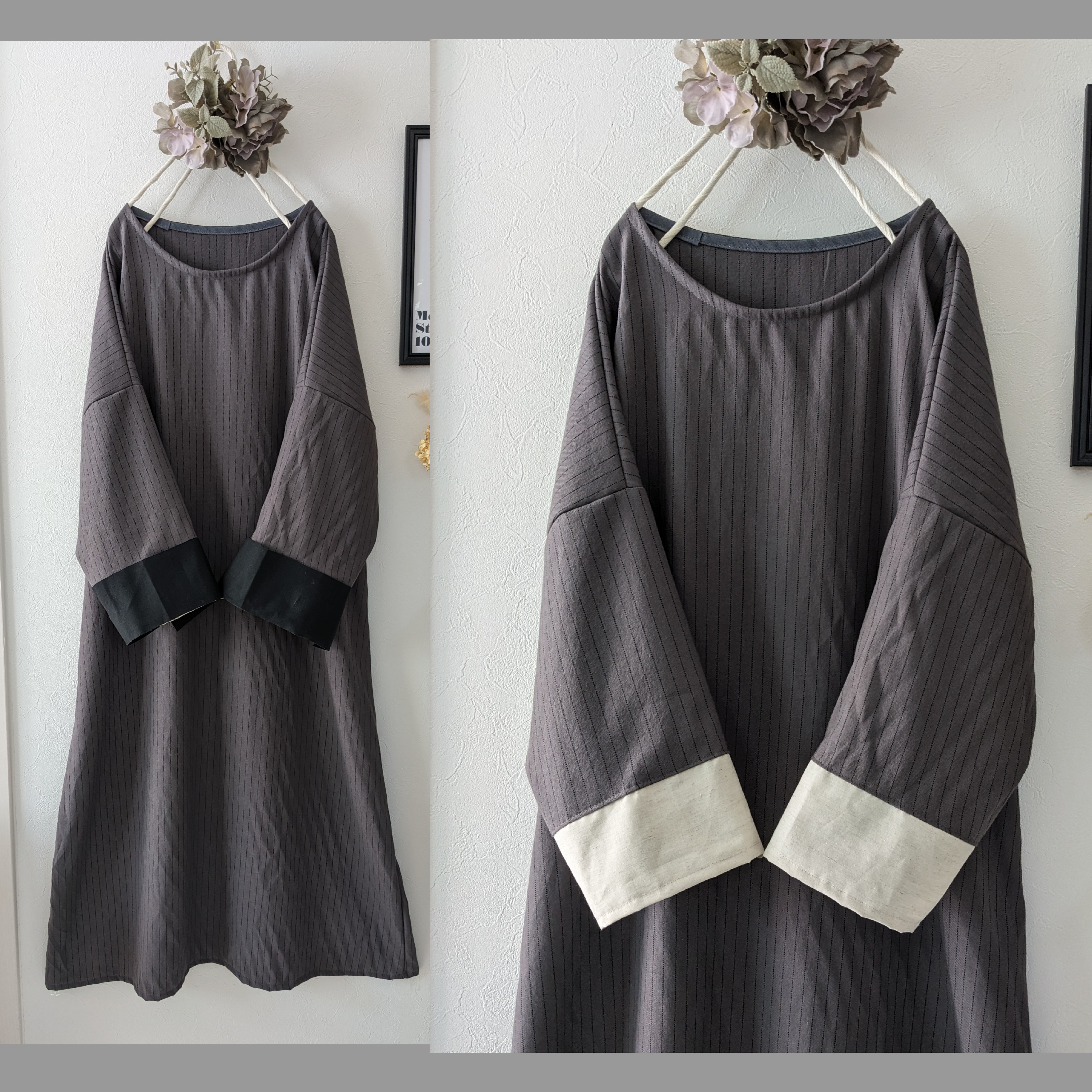 ♥グレーストライプ袖切替ワンピース♥コットンウール　2色選べる