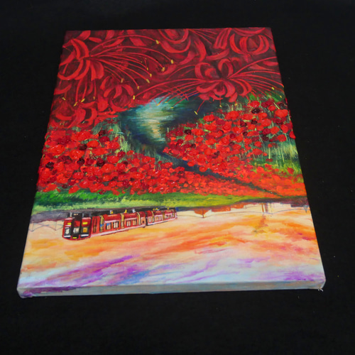 【送料無料】 油絵 油彩 通販 HR 絵画 絵画【彼岸花と赤い電車】 油彩画 絵画
