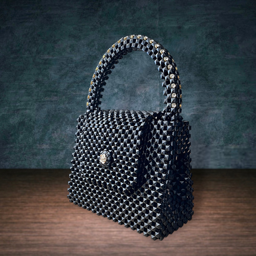 再販】大人のキューブビーズハンドバッグ マットブラック☆ビーズ