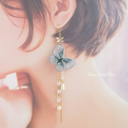 再販】【3色】刺繍蝶のキラキラロング イヤリング ピアス 蝶