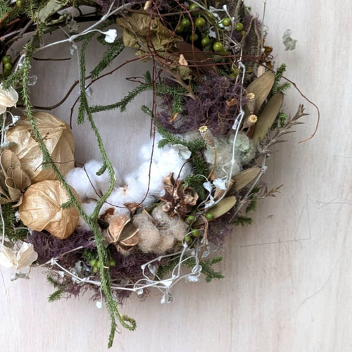 winter＊コットン＆ホオズキ ドライフラワーリース リース fu.wa