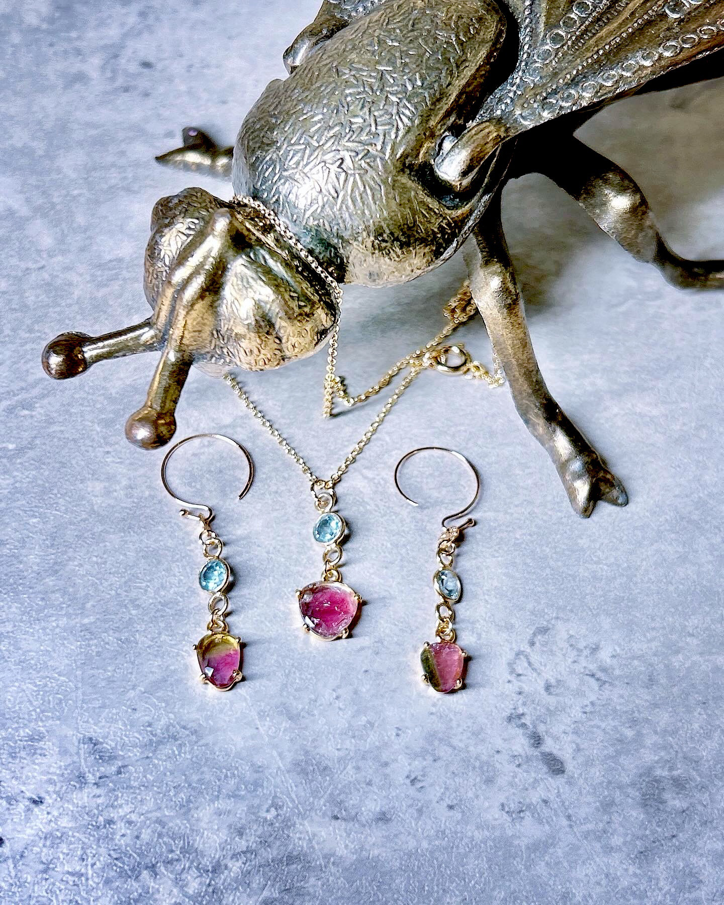 一点物14kgf☆大人可愛いバイカラーピンクトルマリンとスカイブルートパーズのヴェルメイユネックレス