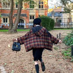 リバーシブル仕様ポンチョ フード付き 【春秋冬】グレー/チェック柄