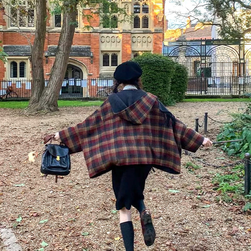 リバーシブル仕様ポンチョ フード付き 【春秋冬】グレー/チェック柄