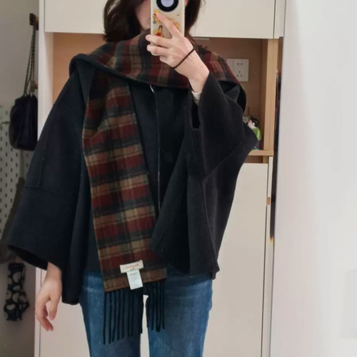 リバーシブル仕様ポンチョ フード付き 【春秋冬】グレー/チェック柄