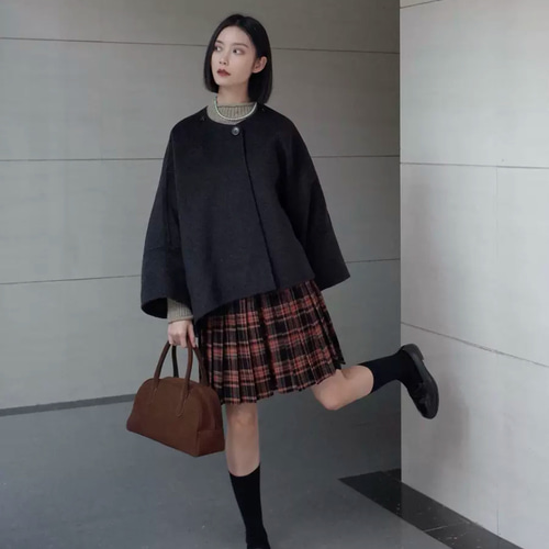 リバーシブル仕様ポンチョ フード付き 【春秋冬】グレー/チェック柄