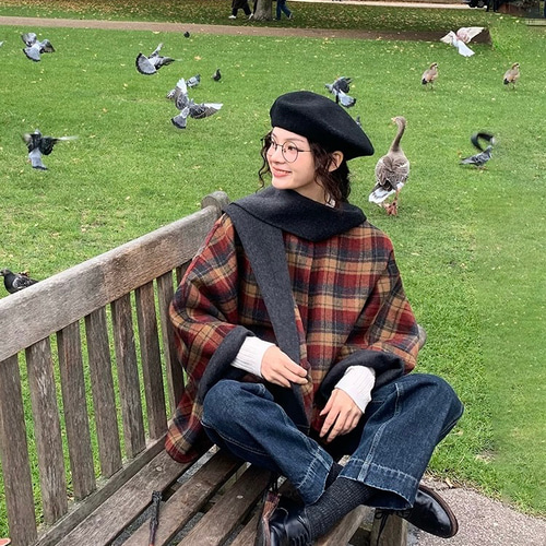 リバーシブル仕様ポンチョ フード付き 【春秋冬】グレー/チェック柄