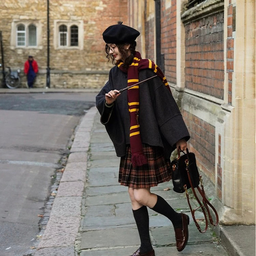 リバーシブル仕様ポンチョ フード付き 【春秋冬】グレー/チェック柄